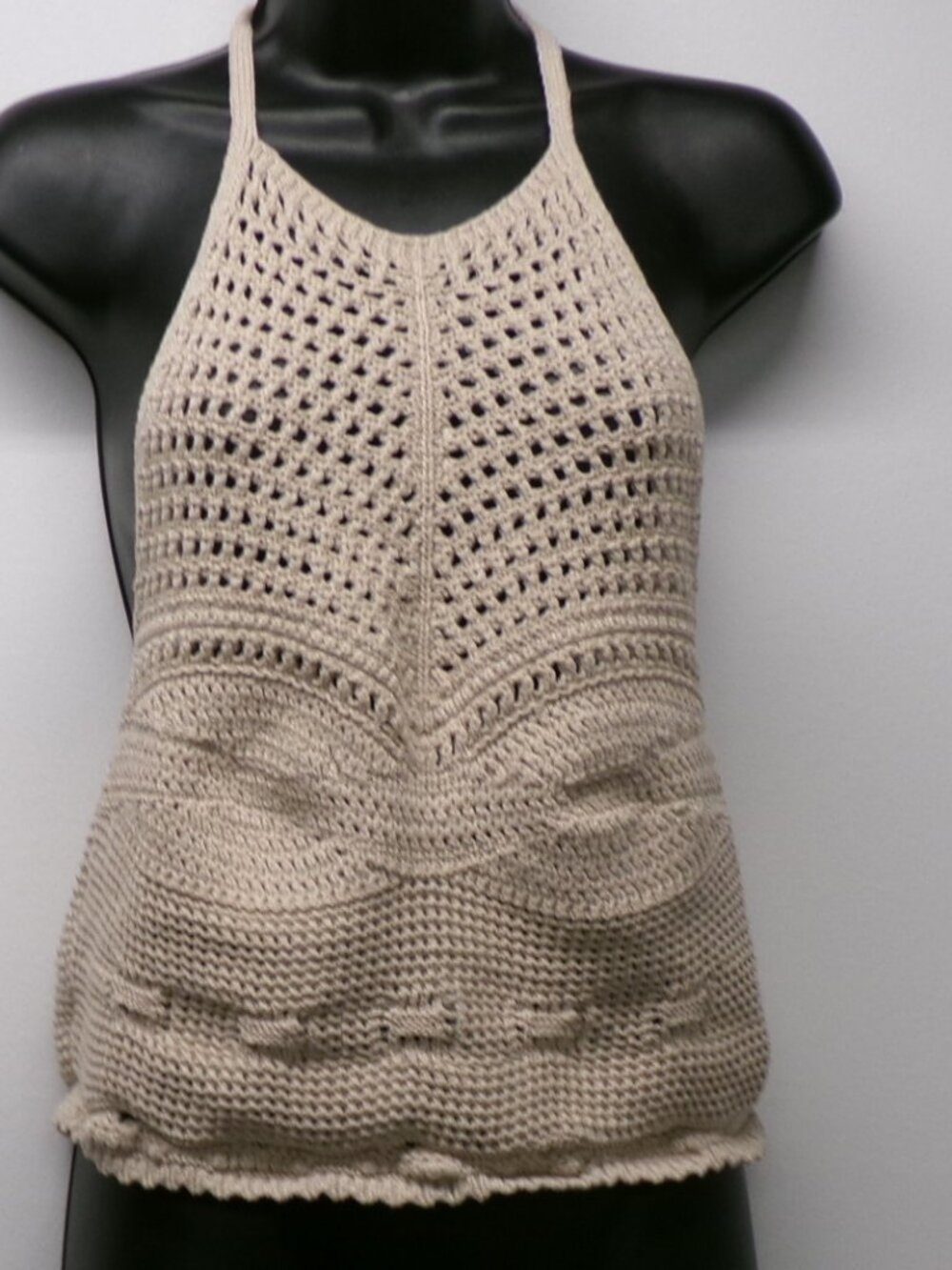 NWT Zara Light Tan CROCHET Knit Tie Halter Top Shirt Women's sz L Boho Festival